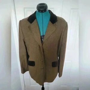 Vintage Brown Wool Blazer Velvet Collar Brass Buttons EU 42